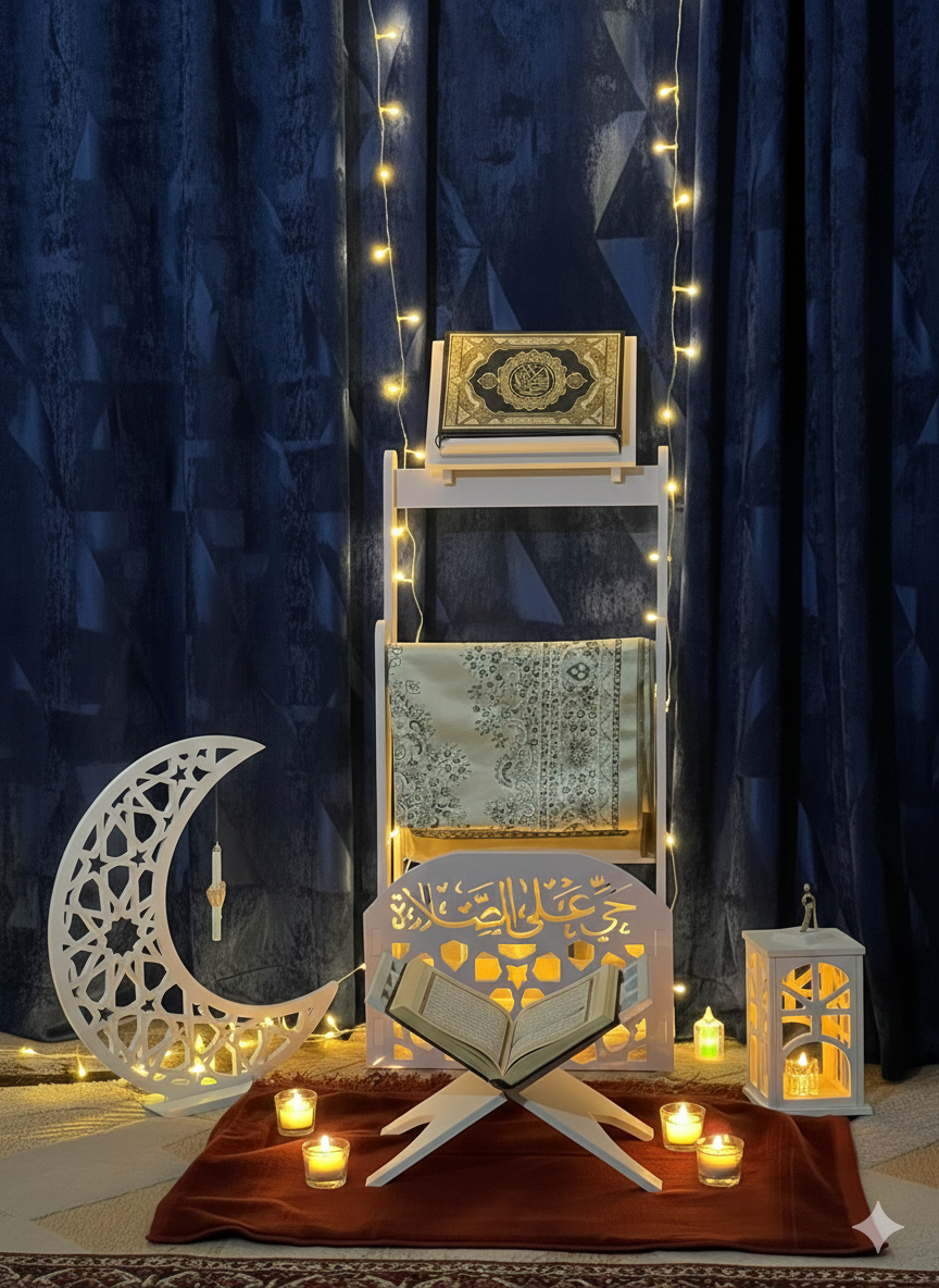 منظم ركن الصلاة المتكامل - حامل مصحف وسجادة بتصميم "حي على الصلاة