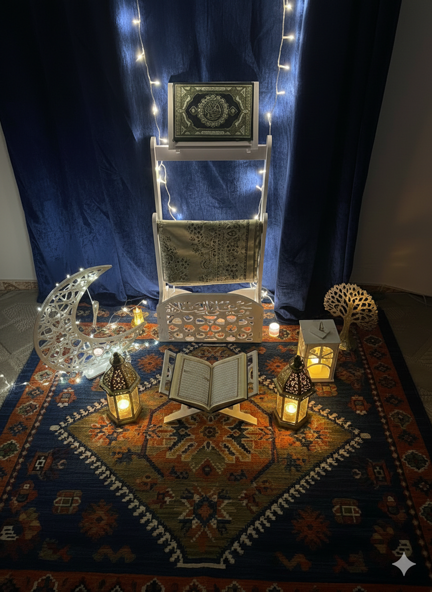 منظم ركن الصلاة المتكامل - حامل مصحف وسجادة بتصميم "حي على الصلاة